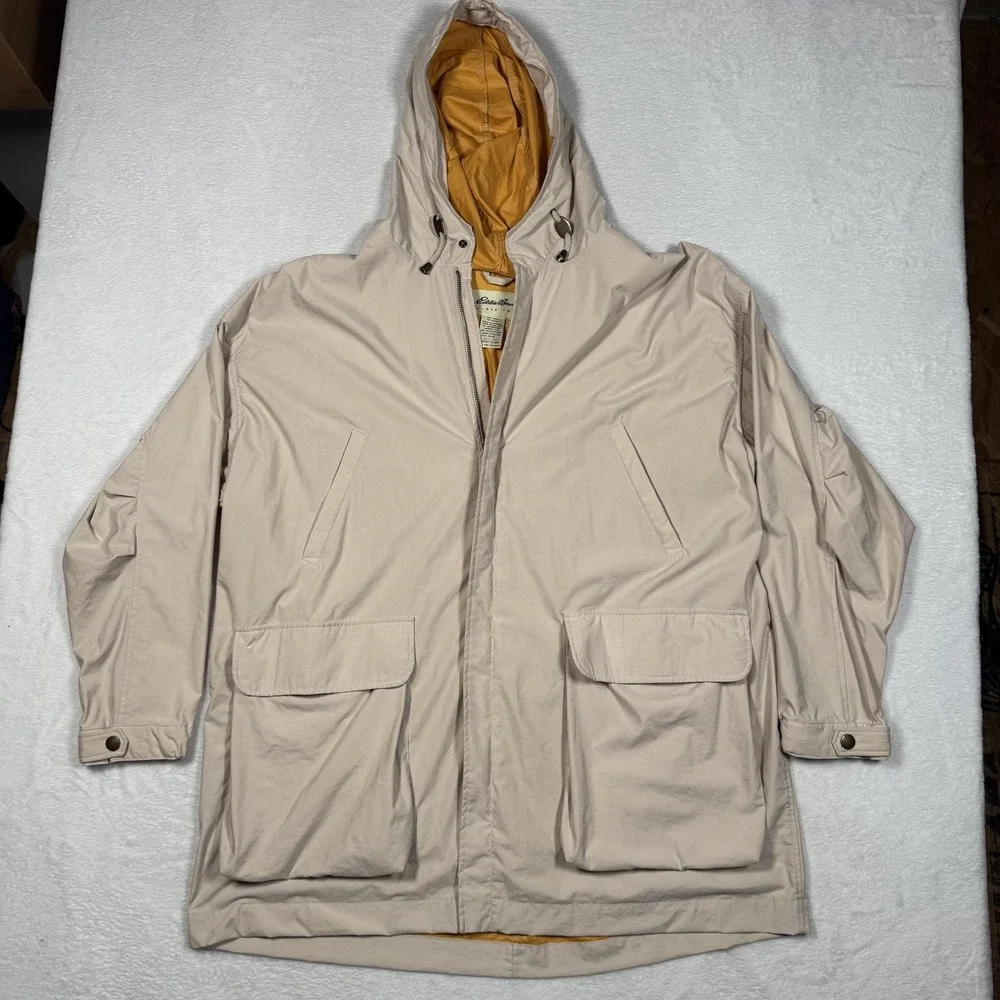 Eddie Bauer Jacket Mens Large Beige Hooded Nylon PU Laminated Parka Outdoor Coat